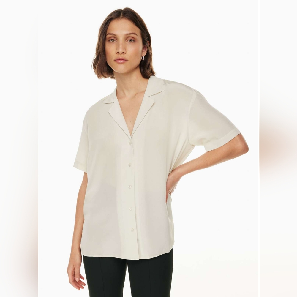 Aritzia Babaton Academy Silk Shortsleeve Blouse matte pearl off white